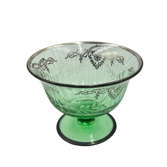 Vintage Green Glass Pedestal Bowl Footed Dish Sterling Silver Overlay Design - Picture 1 of 9
